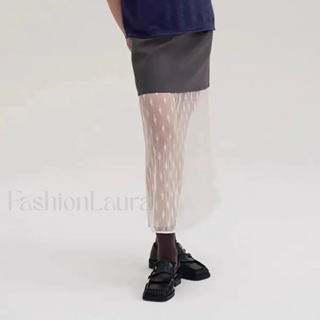 Lace Splicing Straight Zipper Skirt BLACK / S