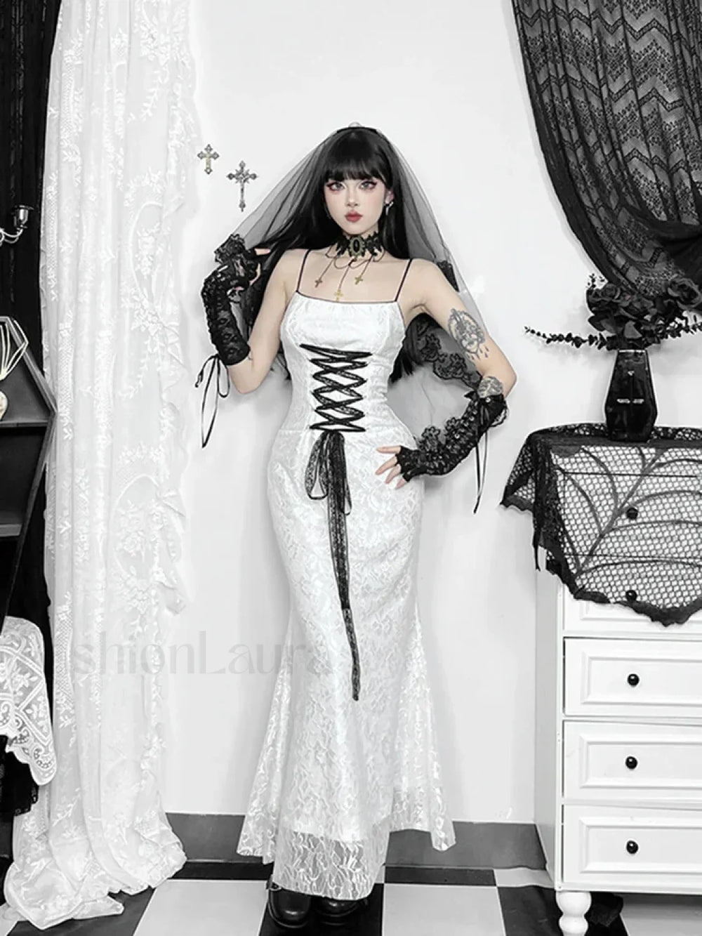 Lace Stitching Sling Retro Backless Lace Up Front Sexy Grunge Girl Bodycon Slim Dress WHITE / XS