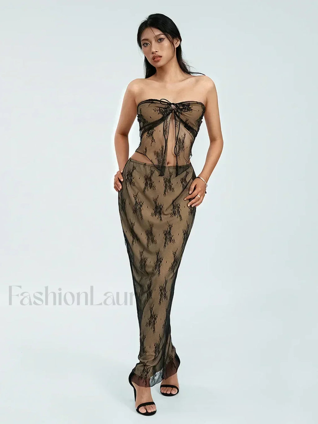 Lace Strapless Wrap Skirt Two Piece Set Black / S