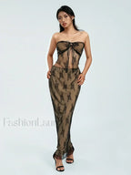 Lace Strapless Wrap Skirt Two Piece Set Black / S