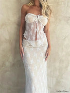 Lace Strapless Wrap Skirt Two Piece Set WHITE / S