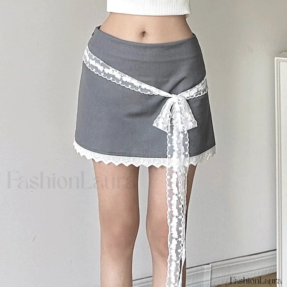 Lace Tie Up Korean Preppy Skirt