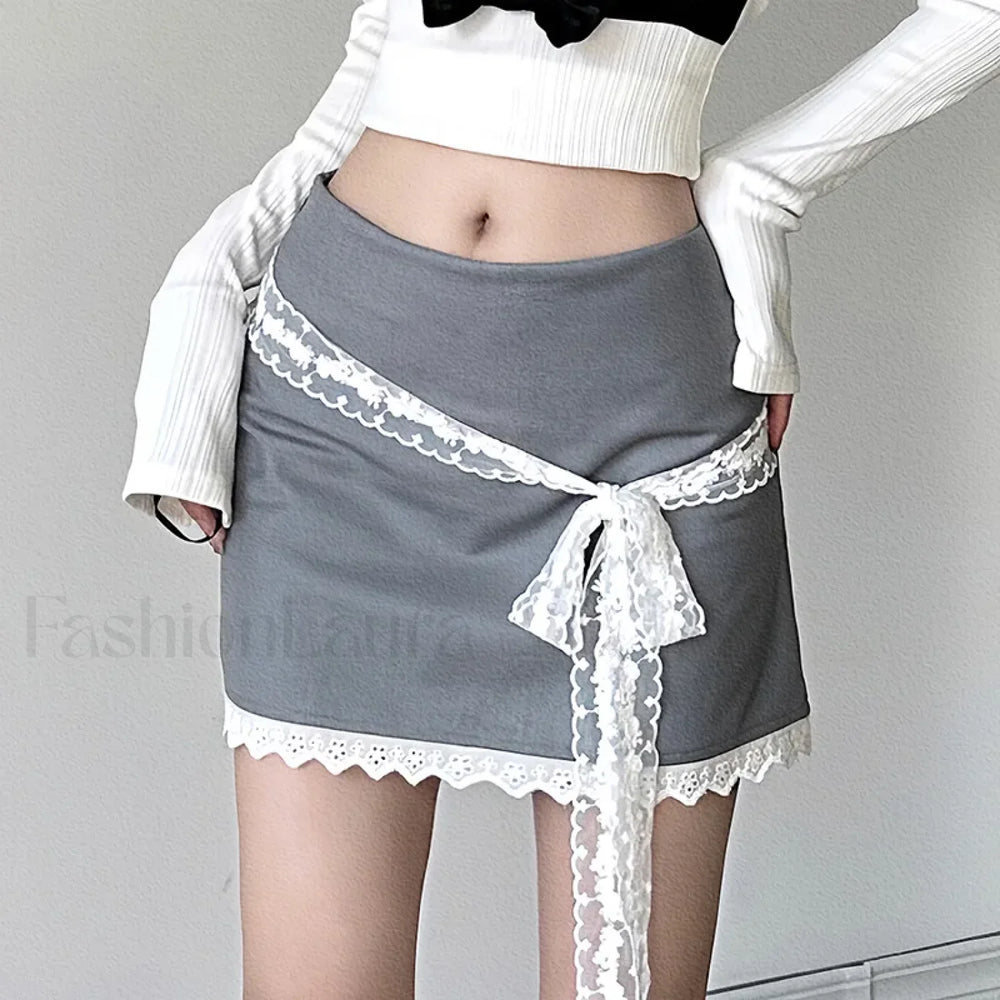 Lace Tie Up Korean Preppy Skirt