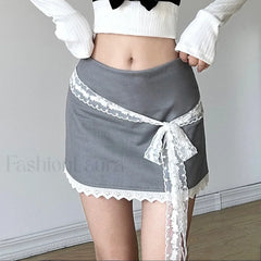 Lace Tie Up Korean Preppy Skirt
