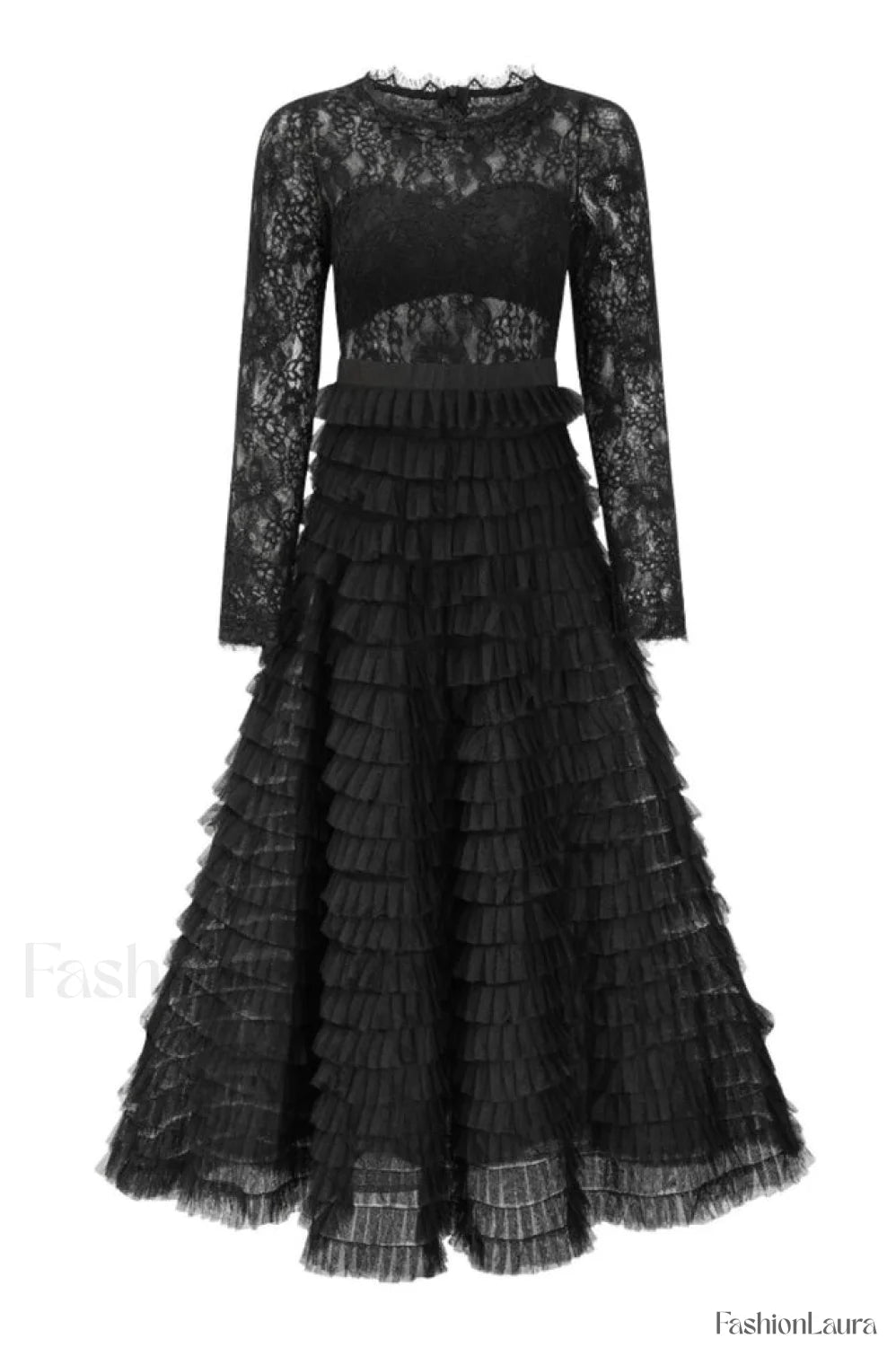Lace Tiered Ruffle Charming Tulle Maxi Dress S / Black