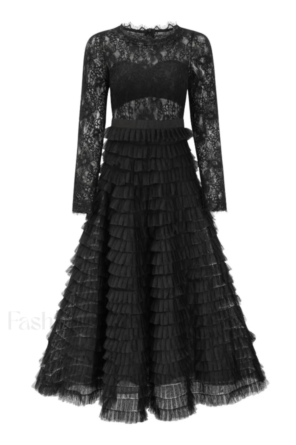 Lace Tiered Ruffle Charming Tulle Maxi Dress S / Black