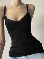 Lace Trim Black Ribbed Cami Top Tops&Tees