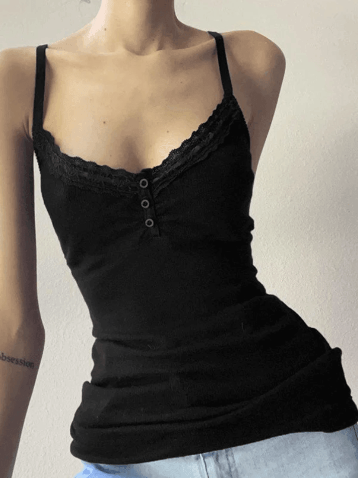 Lace Trim Black Ribbed Cami Top Tops&Tees
