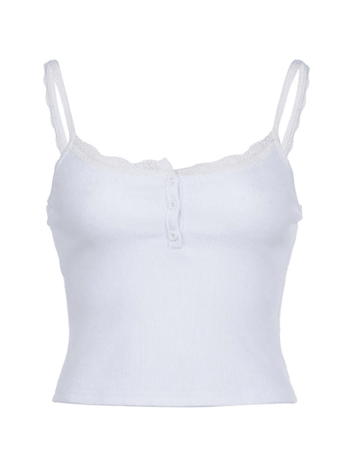 Lace Trim Button Up Ribbed Crop Cami Top Tops&Tees
