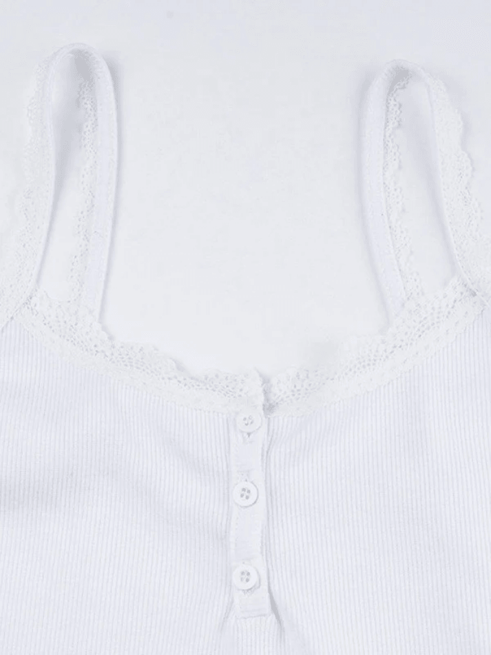 Lace Trim Button Up Ribbed Crop Cami Top Tops&Tees