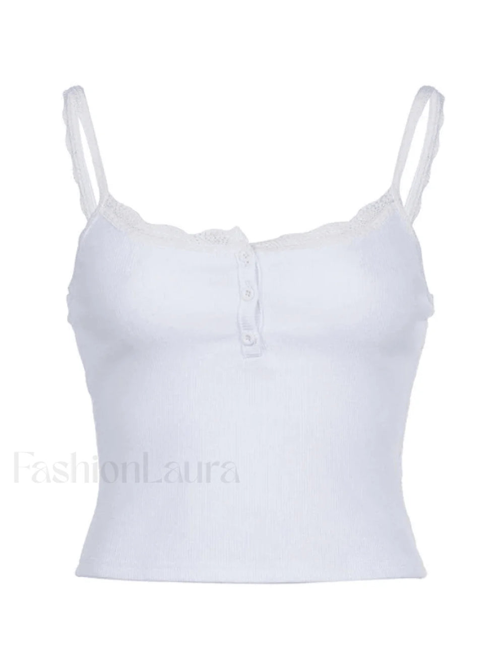 Lace Trim Button Up Ribbed Crop Cami Top Tops&Tees