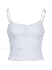 Lace Trim Button Up Ribbed Crop Cami Top Tops&Tees