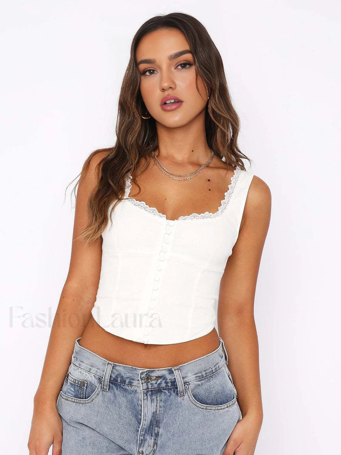 Lace Trim Button Up Strappy Top Tank Tops & Camis