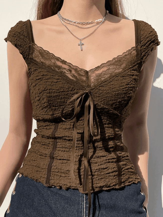 Lace Trim Crinkle Cropped Blouse Brown / S Shirts Main image