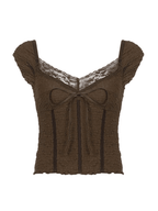 Lace Trim Crinkle Cropped Blouse Shirts