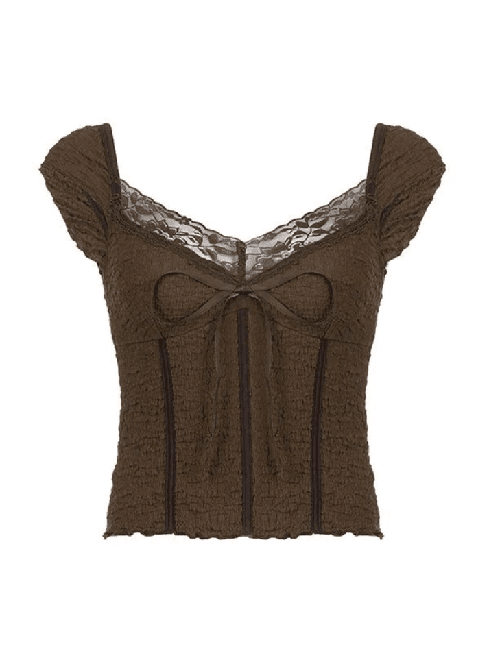 Lace Trim Crinkle Cropped Blouse Shirts
