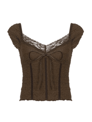 Lace Trim Crinkle Cropped Blouse Shirts