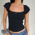 Lace Trim Knitted Vintage T Shirt Black / S