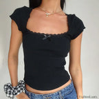 Lace Trim Knitted Vintage T Shirt Black / S