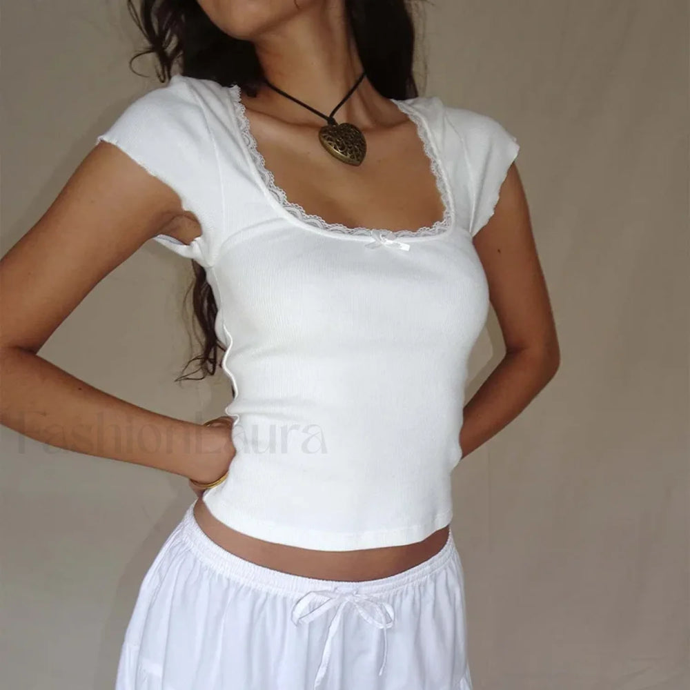 Lace Trim Knitted Vintage T Shirt WHITE / S