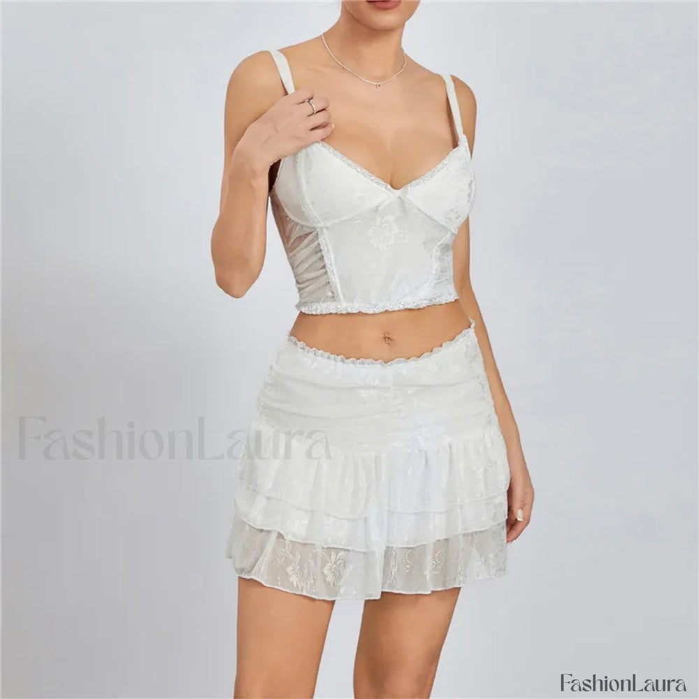 Lace Trim Sleeveless Crop Cami Mini Skirt Two Piece Set