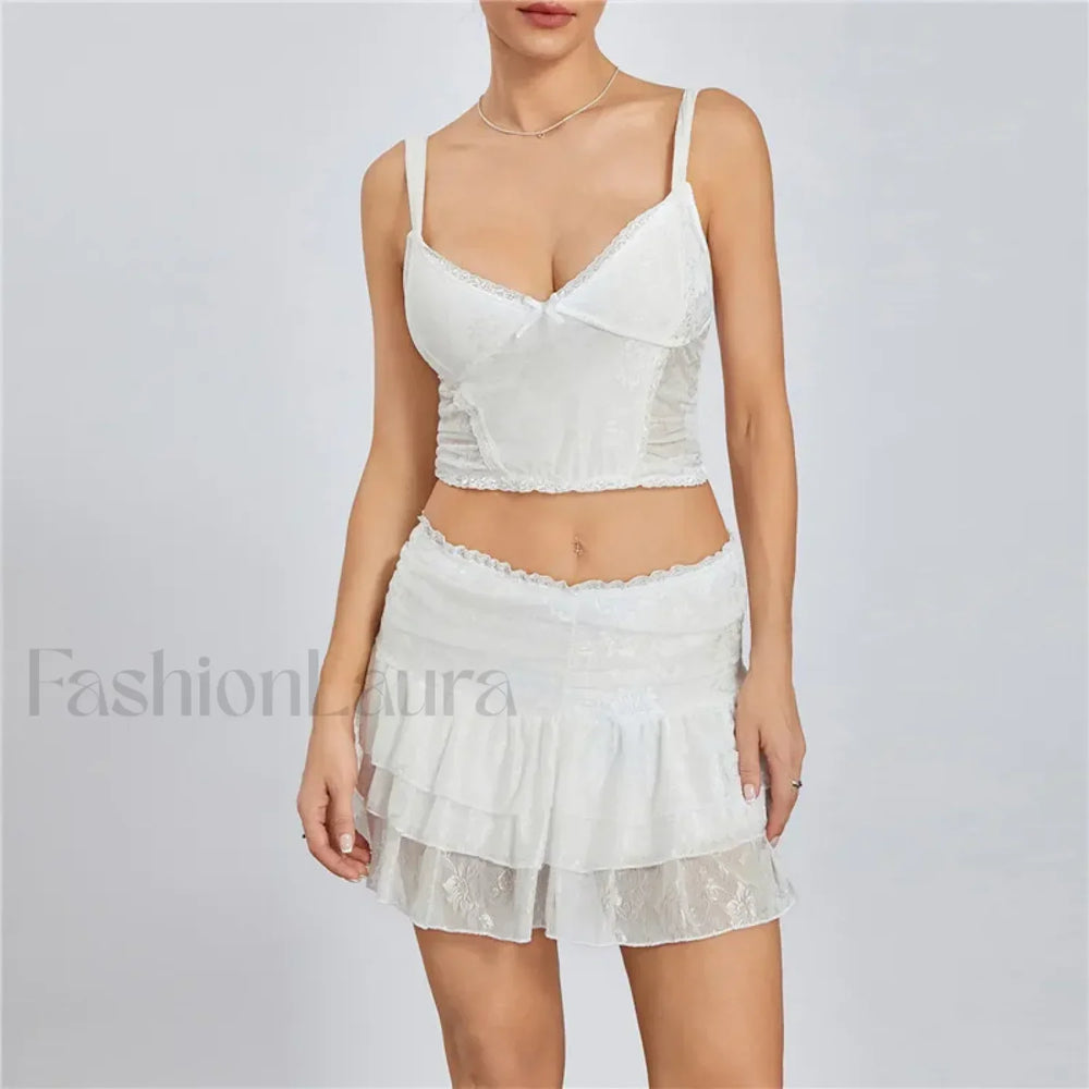 Lace Trim Sleeveless Crop Cami Mini Skirt Two Piece Set