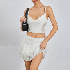 Lace Trim Sleeveless Crop Cami Mini Skirt Two Piece Set