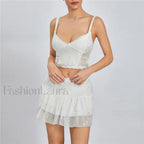 Lace Trim Sleeveless Crop Cami Mini Skirt Two Piece Set S / White