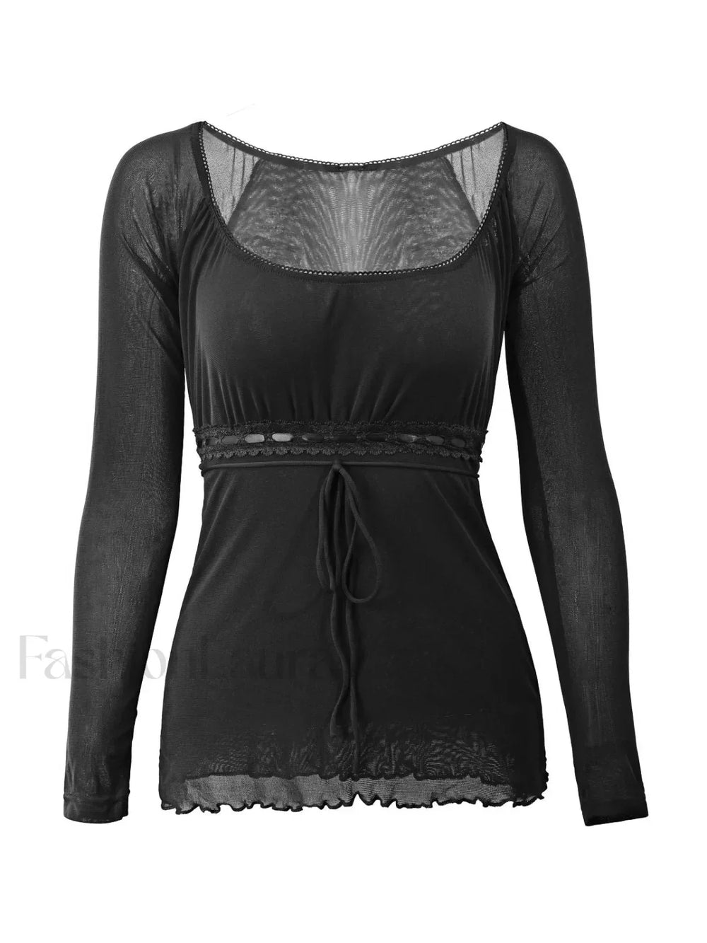 Lace Trim Tie Front Long Sleeve Blouse Long Sleeves