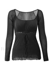 Lace Trim Tie Front Long Sleeve Blouse Long Sleeves