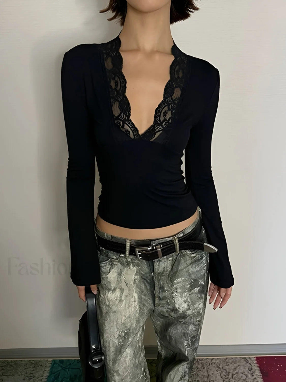 Lace Trim V Neck T Shirt Black / XS T Shirts Main image