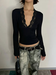 Lace Trim V Neck T Shirt Black / XS T Shirts