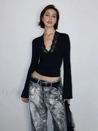 Lace Trim V Neck T Shirt T Shirts