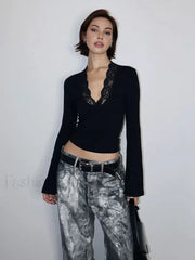 Lace Trim V Neck T Shirt T Shirts