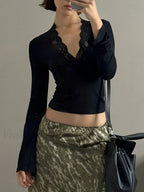 Lace Trim V Neck T Shirt T Shirts