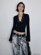 Lace Trim V Neck T Shirt T Shirts
