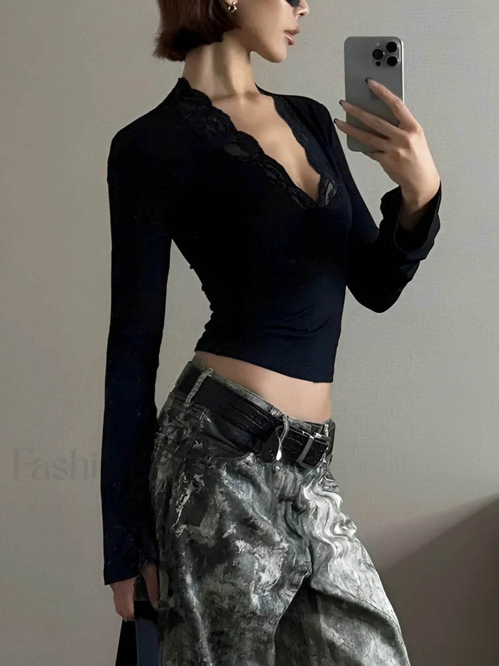 Lace Trim V Neck T Shirt T Shirts