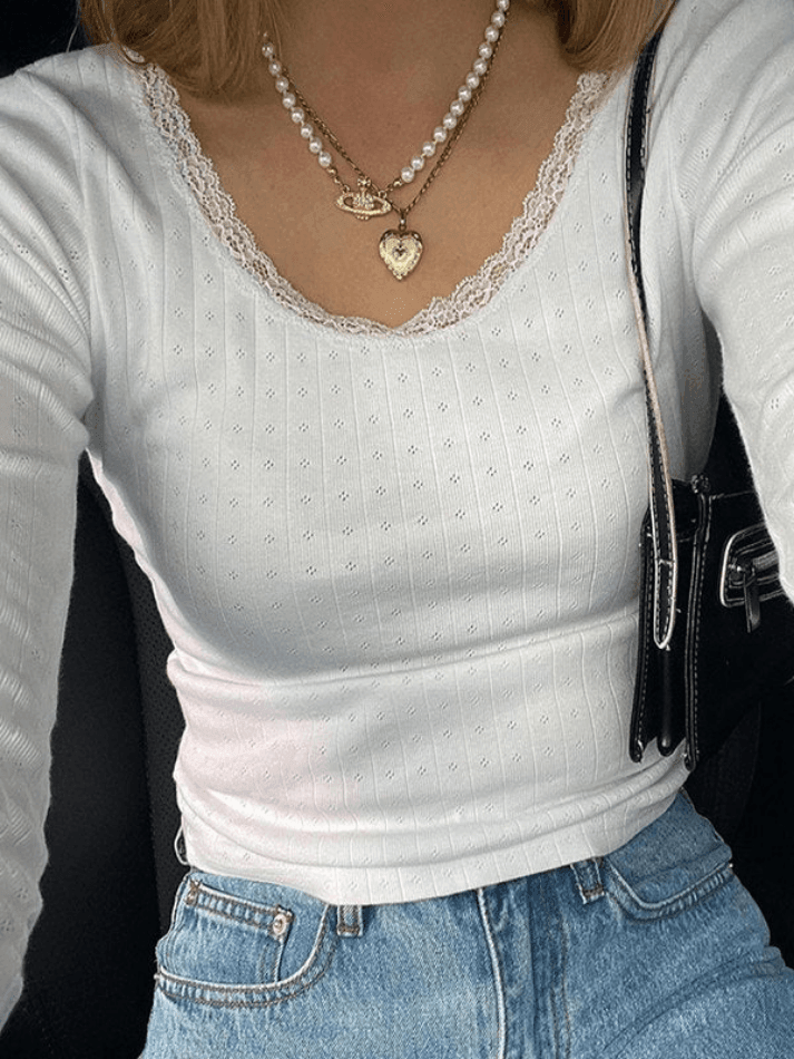 Lace Trim White Knit Top White / S Sweaters Main image