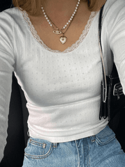 Lace Trim White Knit Top White / S Sweaters