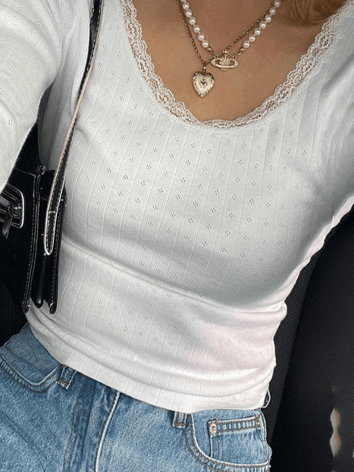 Lace Trim White Knit Top Sweaters