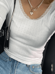 Lace Trim White Knit Top Sweaters