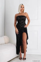 Lace Tube Top Ruffled Split Hem Maxi Dress