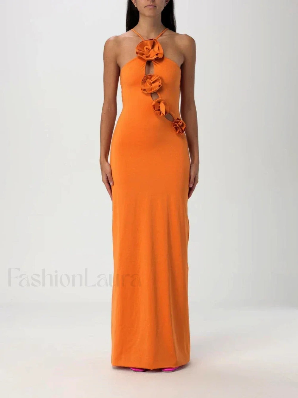 Lace up 3D Appliques Maxi Dress