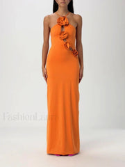 Lace up 3D Appliques Maxi Dress