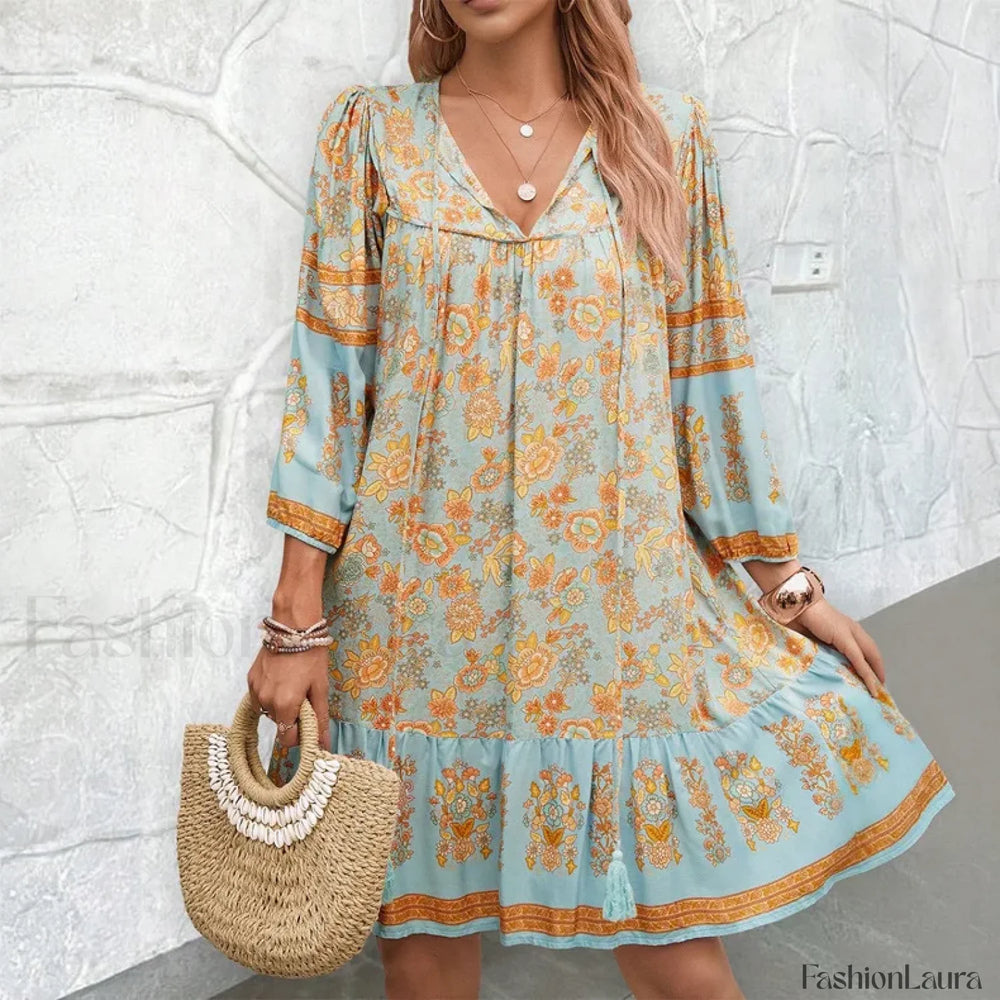 Lace Up Artistic Retro Boho Dress Blue / S