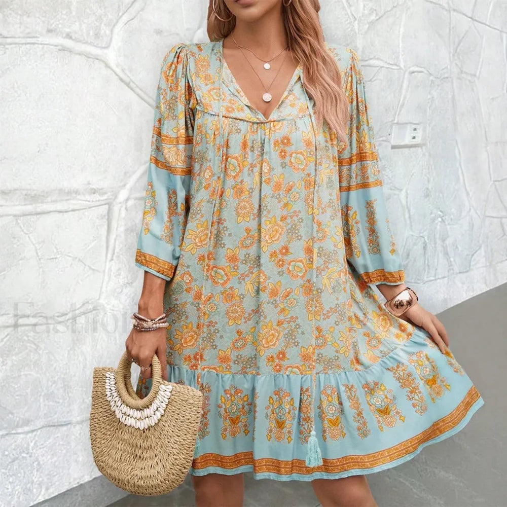 Lace Up Artistic Retro Boho Dress Blue / S