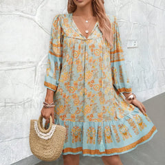 Lace Up Artistic Retro Boho Dress Blue / S