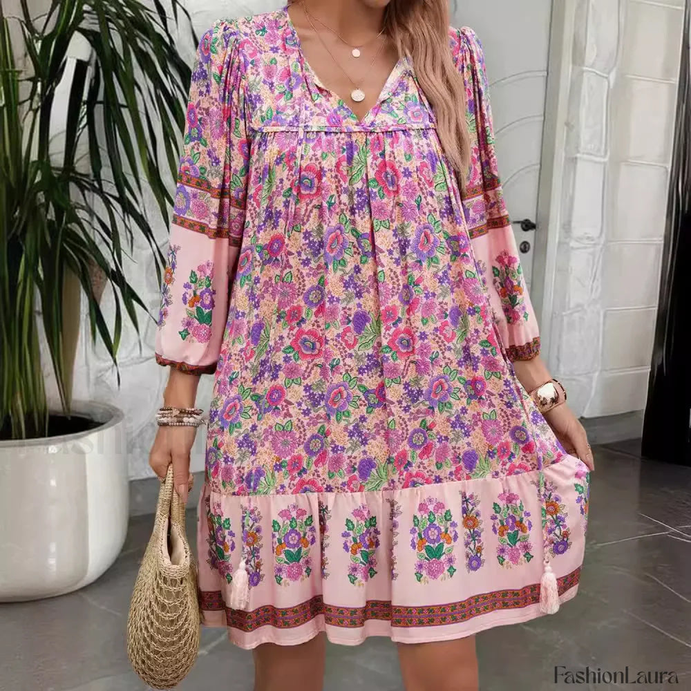 Lace Up Artistic Retro Boho Dress Pink / S