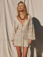 Lace Up Bell Mesh Mini Cover Up Khaki / S