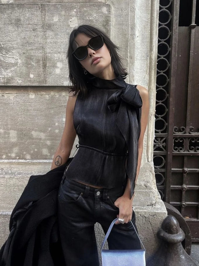 Lace Up Bow Trendy Sleeveless Tank Top Black / XS Tank Tops & Camis Main image
